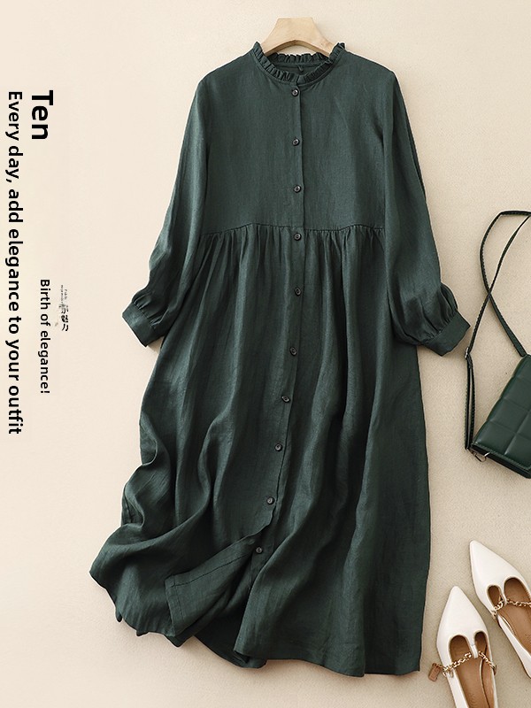 Casual Loose Linen Shirt Dress - Abito lungo in cotone e lino,