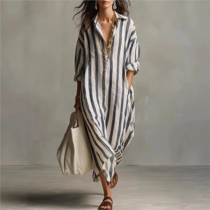 Casual Loose Linen Shirt Dress - Elegante Abito Lungo in Lino con